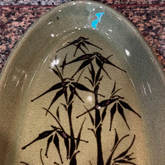 Mark Blumenfeld Pottery Green Brown Glazed Ceramic Oval Serving Platter Leaf Sig